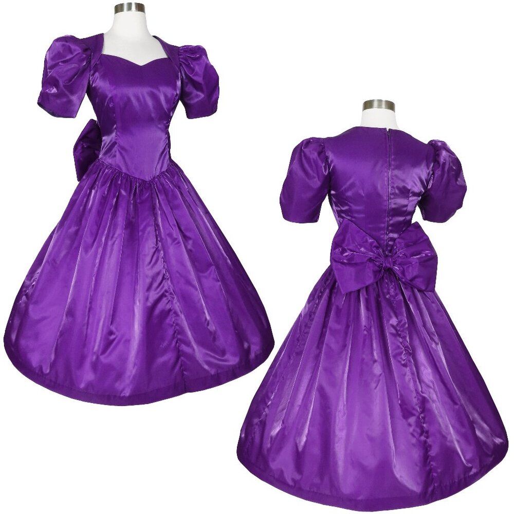 Vintage 80s Purple Satin Puff Sleeve Bow Full Skirt Prom Party Prom Dress XS